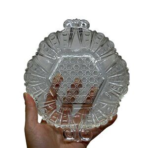 VTG Hexagon Clear Glass Relish Candy‎ Dish 7" Double Handle Honeycomb Pattern
